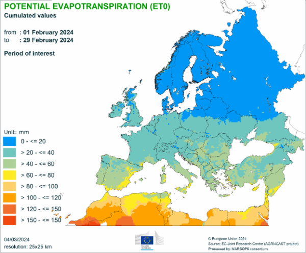 Potential evapotranspiration (ET0) 01/02/2024 - 29/02/2024